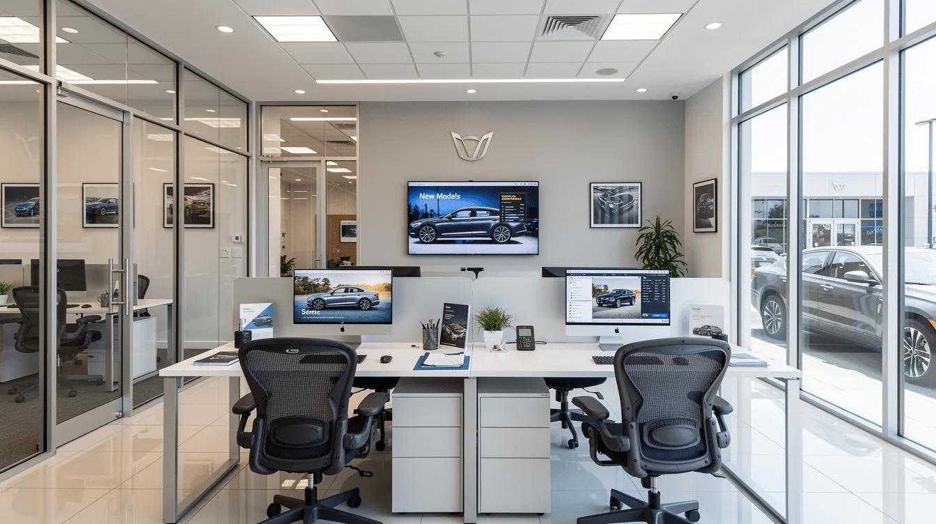 The image depicts a modern automotive dealership office workspace, featuring sleek desks equipped with computers, paperwork, and financial documents related to automotive finance. The environment is organized and professional, ideal for finance managers and sales teams to finalize financial transactions and build strong relationships with customers.