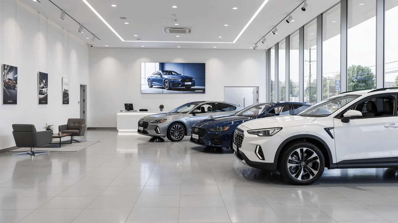 The image shows a sleek, modern car dealership showroom with several vehicles on display, highlighting the latest automotive models. This vibrant space is designed for customers to explore their options while automotive finance managers assist in finalizing financial transactions and offering various automotive finance products.
