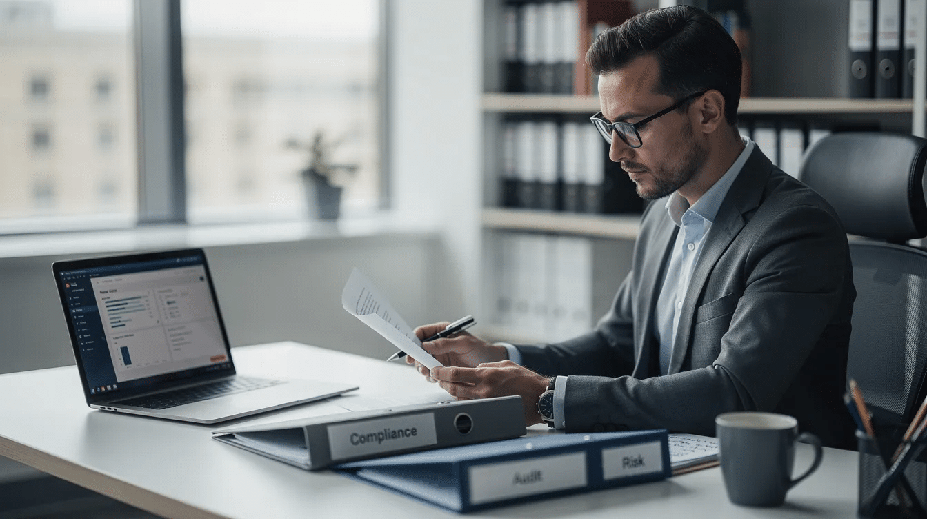 A compliance officer is seated at a desk, intently reviewing documents on a laptop, ensuring adherence to labour laws and company policies. Their role is essential in maintaining compliance within the sales team, ultimately contributing to sustainable growth and brand credibility.