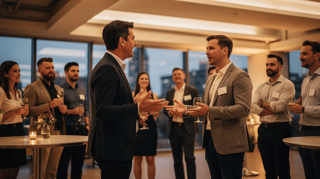 La imagen muestra a un presentador interactuando con un pequeño grupo de profesionales financieros en un evento informal de networking, discutiendo estrategias para el crecimiento sostenible y la participación del cliente dentro de sus prácticas de asesoramiento financiero. El ambiente es relajado, fomentando un entorno para compartir ideas sobre desarrollo de negocios y estrategias de marketing.