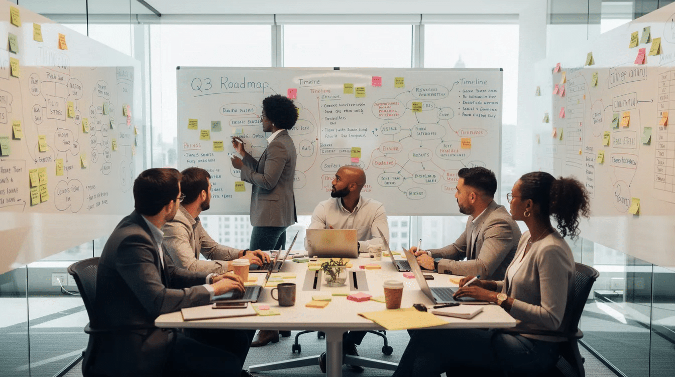 The image depicts a team gathered in a meeting room, surrounded by whiteboards filled with planning notes and diagrams, emphasizing collaboration and project management tools in a digital workplace. This setting reflects the importance of internal communication and knowledge sharing within modern intranet portals.