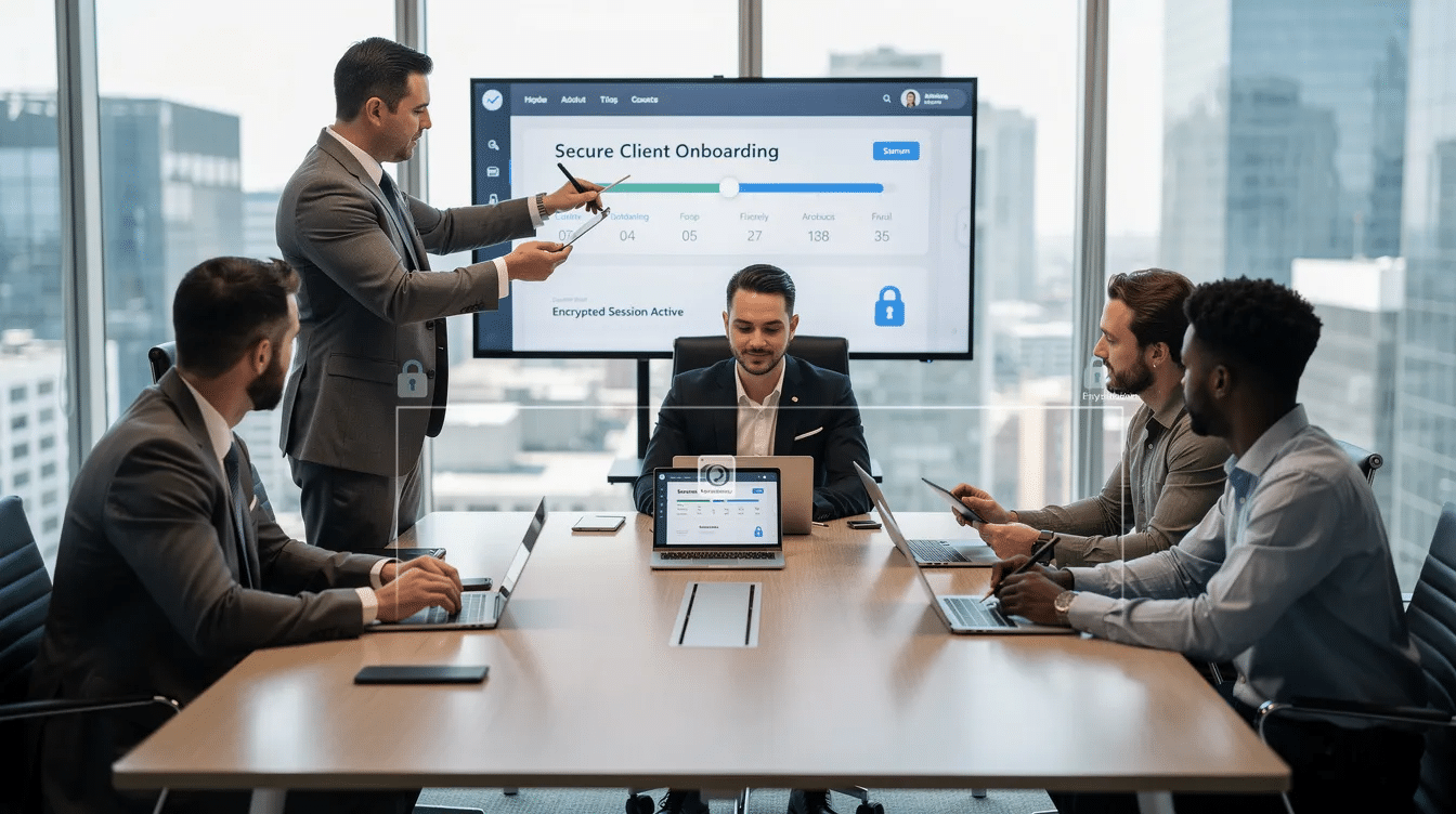 The image depicts a group of sales professionals engaged in a client onboarding meeting, utilizing a secure digital platform to manage customer data and streamline their sales process. This collaborative effort reflects the importance of building a strong sales pipeline and ensuring pipeline visibility for effective lead qualification and future revenue growth.