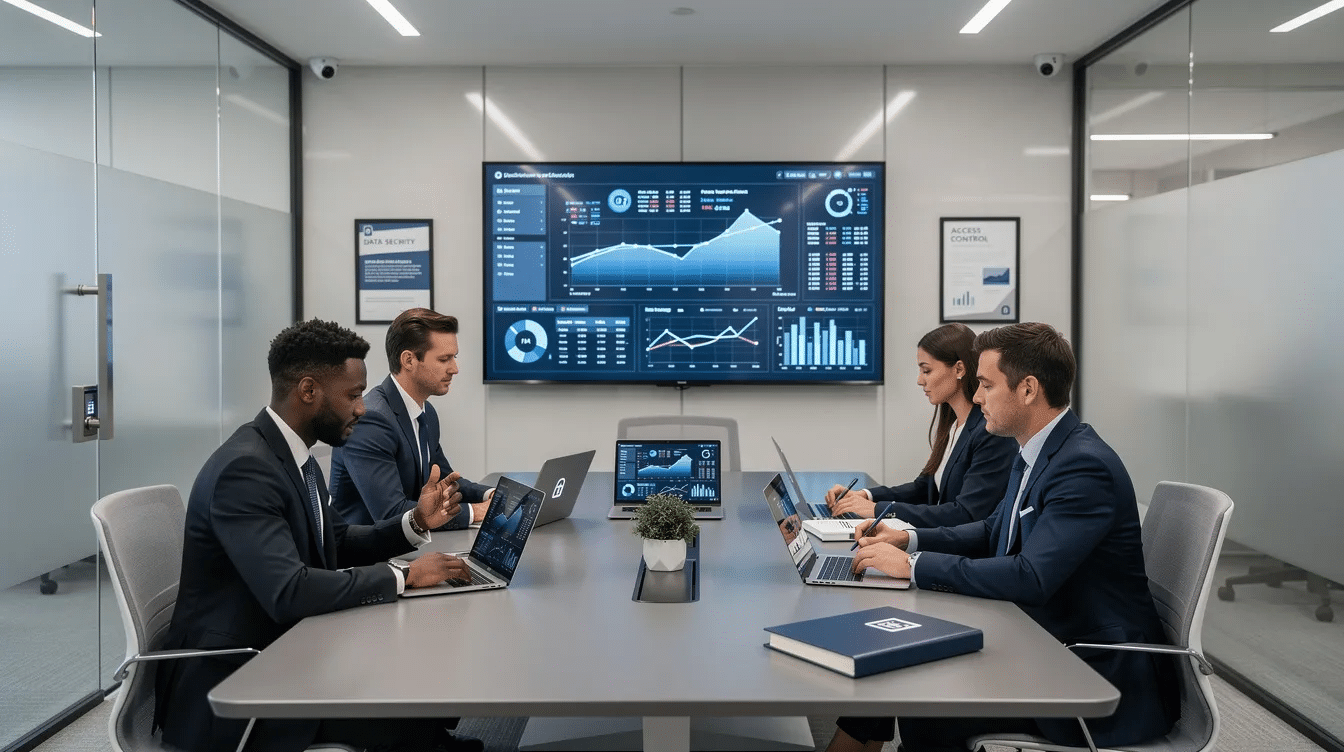The image depicts a secure financial office where professionals are collaborating around laptops, discussing banking services and strategies relevant to financial institutions. This teamwork reflects the RFP process and decision-making involved in selecting potential providers for banking services.