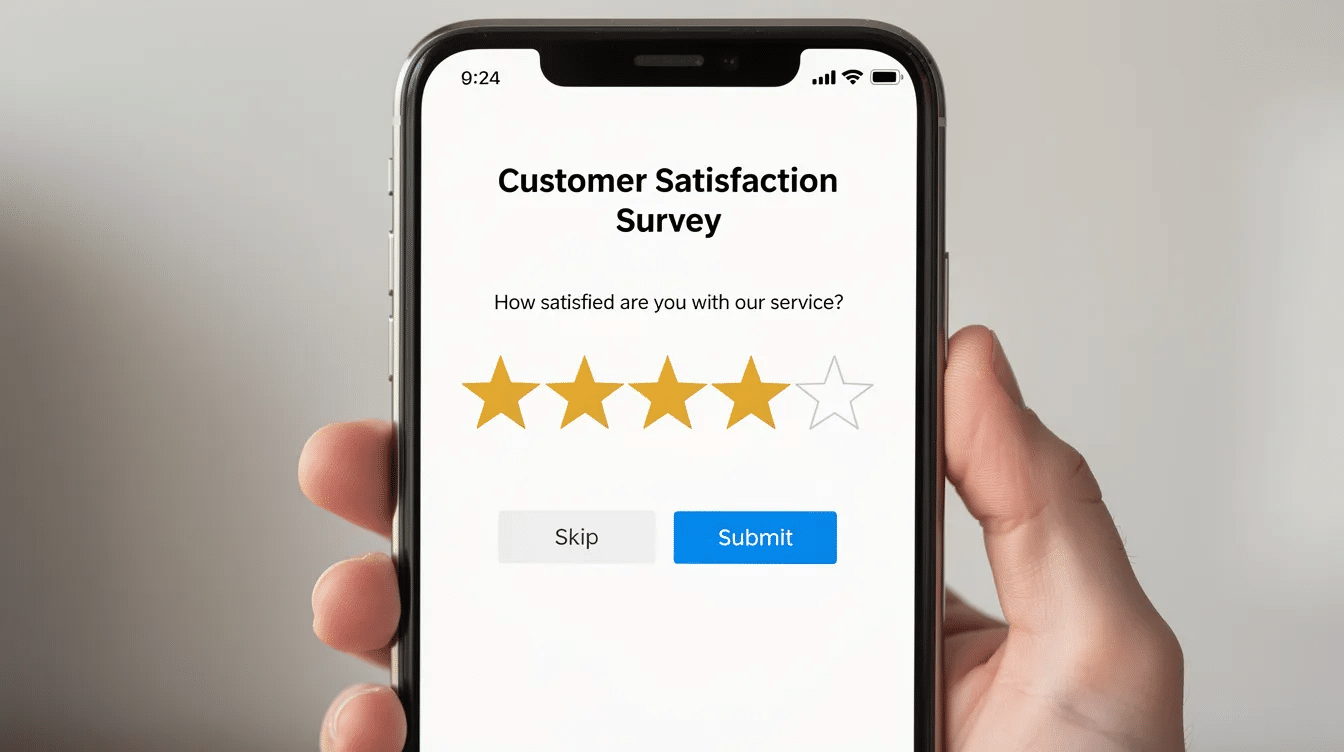 Un'immagine dello schermo di un telefono cellulare mostra un sondaggio sulla soddisfazione del cliente con valutazioni a stelle, progettato per raccogliere feedback dai clienti sulla loro esperienza. Il sondaggio mira a misurare la soddisfazione del cliente e a catturare preziose informazioni per migliorare la qualità del servizio.