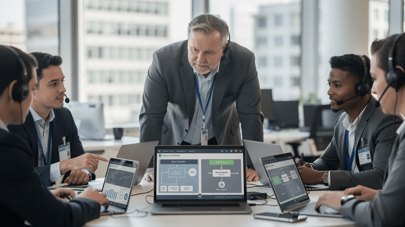 A group of operations professionals is focused on reviewing secure banking workflows displayed on their laptops, discussing key aspects of the RFP process for banking services providers. They are likely evaluating potential providers based on established criteria to ensure effective risk management and decision-making for financial institutions.