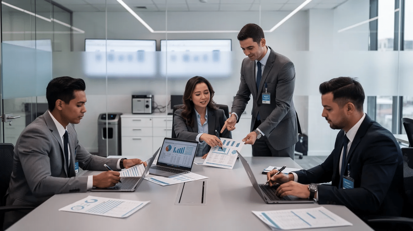 In a secure office environment, financial professionals are intently reviewing client information, focusing on customer data to enhance their sales pipeline management. This collaborative effort supports their sales strategies and ensures a healthy sales pipeline for future revenue growth.