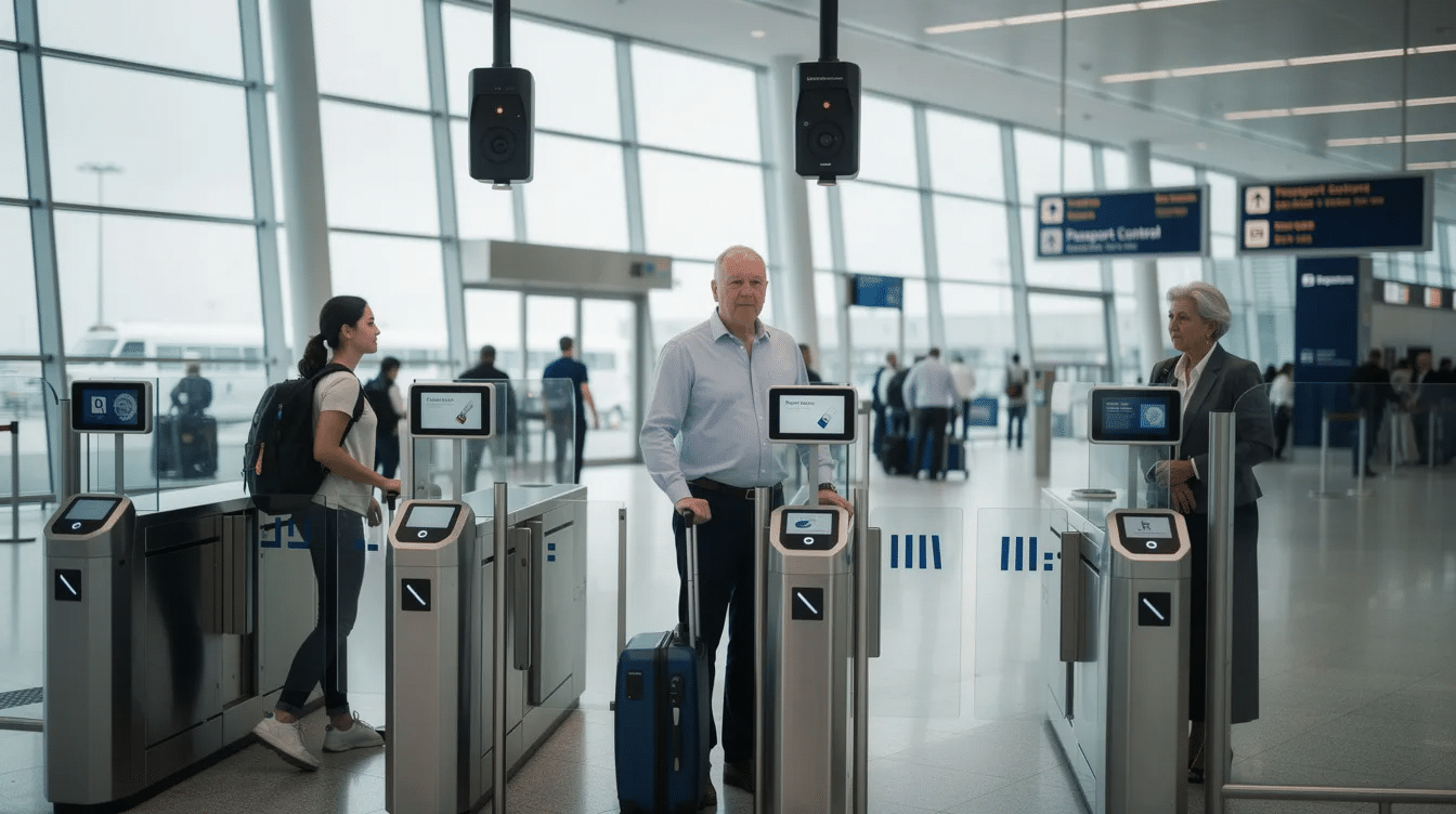 The image shows travelers passing through automated e-gates at an airport, where overhead cameras are capturing facial images for biometric authentication. This process utilizes advanced facial recognition technology to verify identities efficiently and securely.