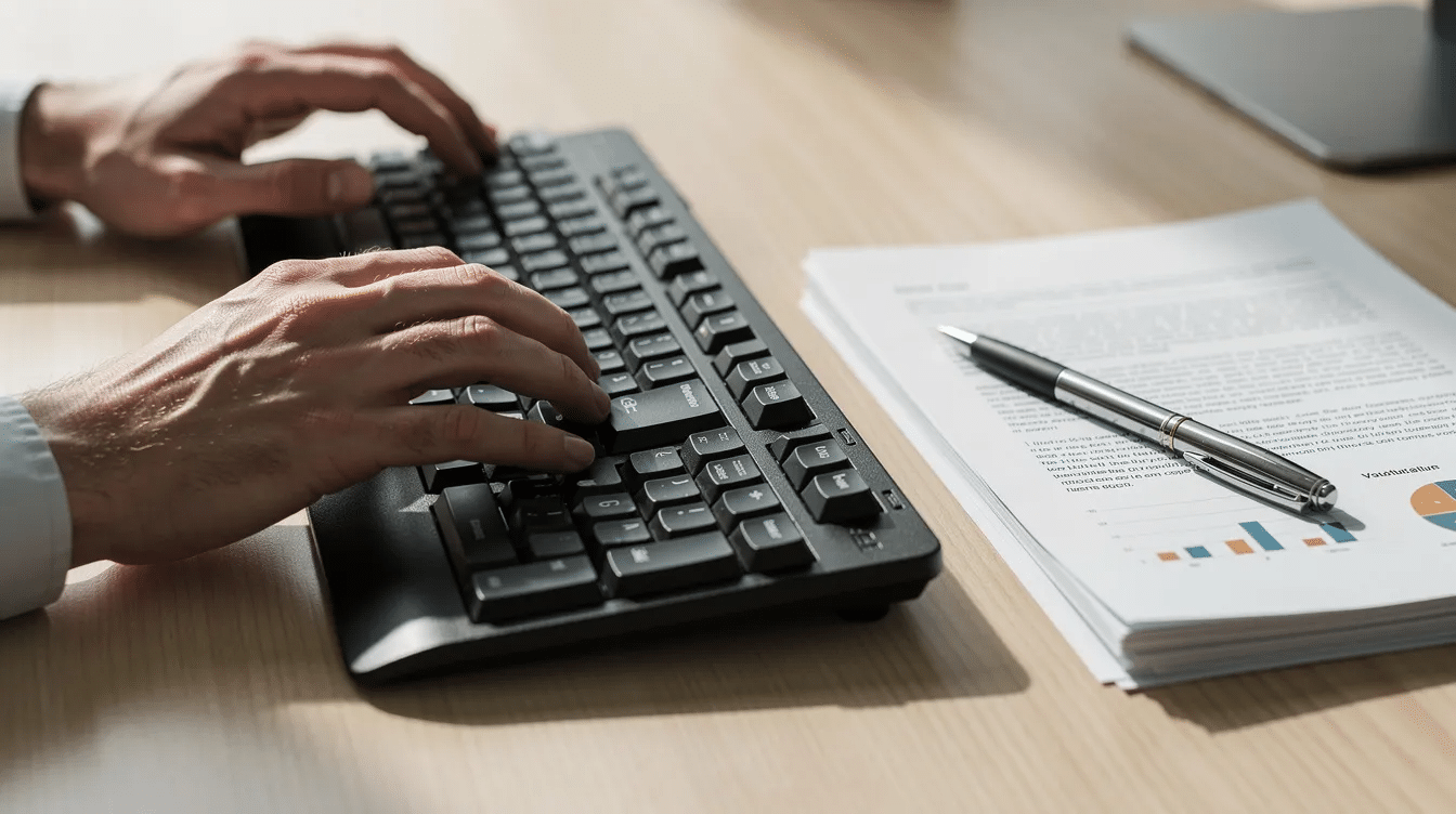 A close-up image shows hands typing on a keyboard, surrounded by paperwork and a pen on a desk, suggesting a focus on managing credit report information and financial health. The scene reflects the importance of tracking credit scores and accounts, potentially involving credit reporting agencies like Equifax, Experian, and TransUnion.