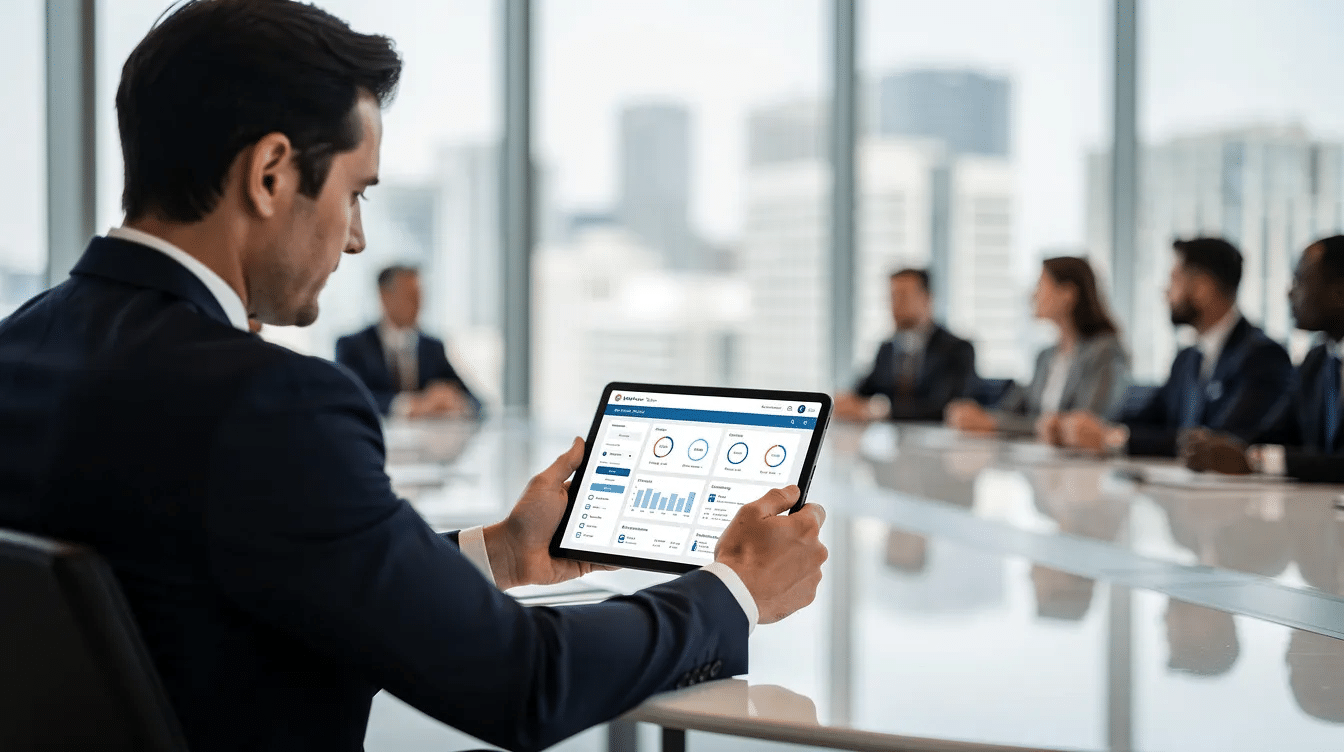 A business professional is seated in a modern conference room, actively using a tablet device during a meeting, which likely involves discussions on capital markets and client relationships. The setting suggests a focus on operational efficiency and the use of CRM systems to streamline deal management and data governance.