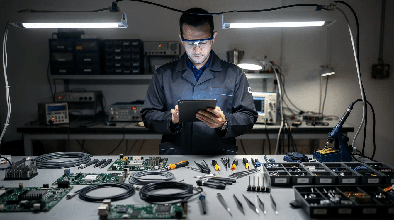 A technician is at a repair workbench, using a tablet to manage repair tickets and track inventory, surrounded by various electronic components. This scene highlights the importance of operational efficiency and customer service in a repair business.