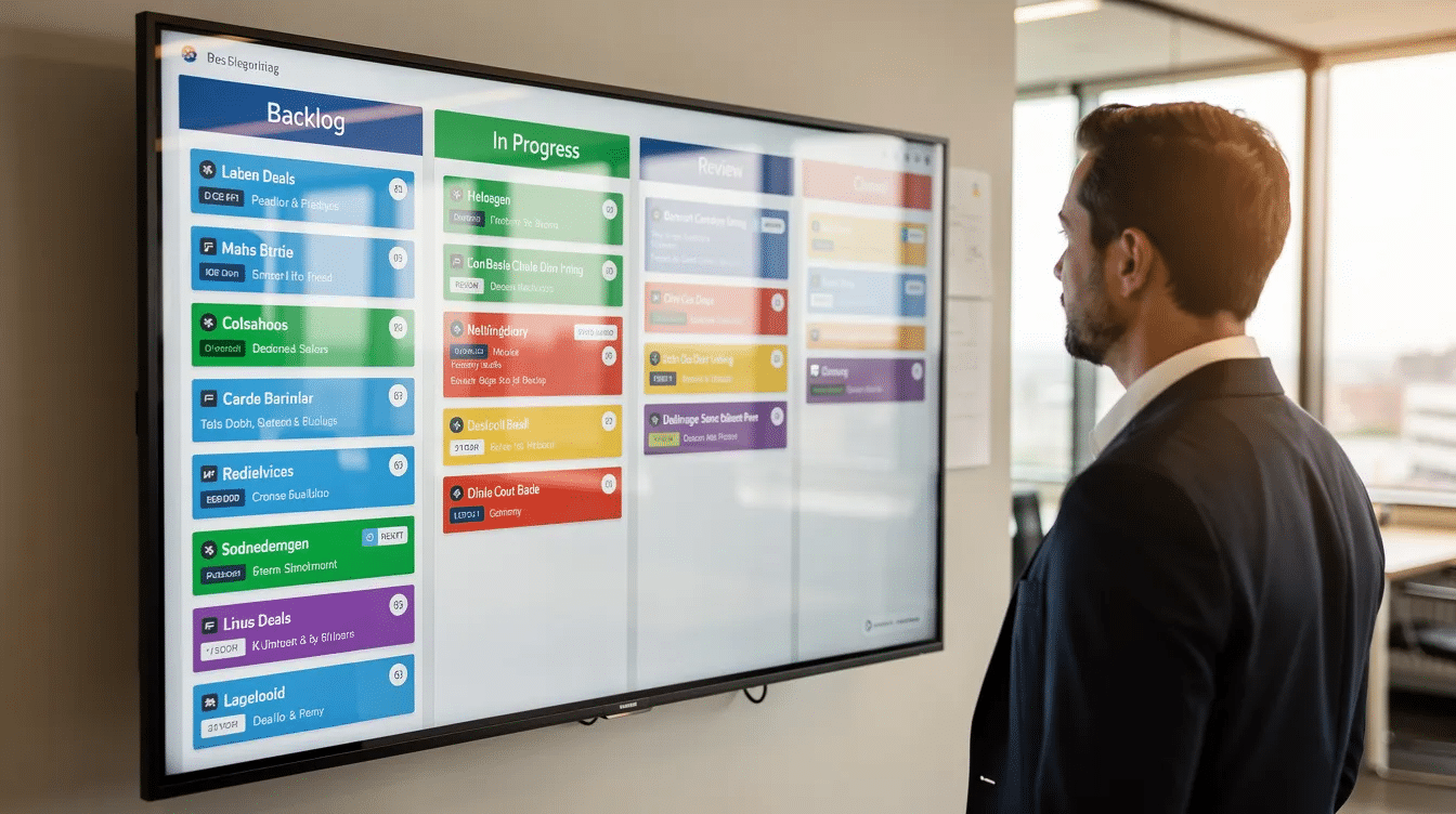 A professional is analyzing a digital Kanban board on a large screen, displaying colored deal cards organized across multiple columns, representing various stages of the sales pipeline. This visual tool aids in managing sales activities, tracking sales performance, and optimizing the sales process for effective lead qualification and closing deals.