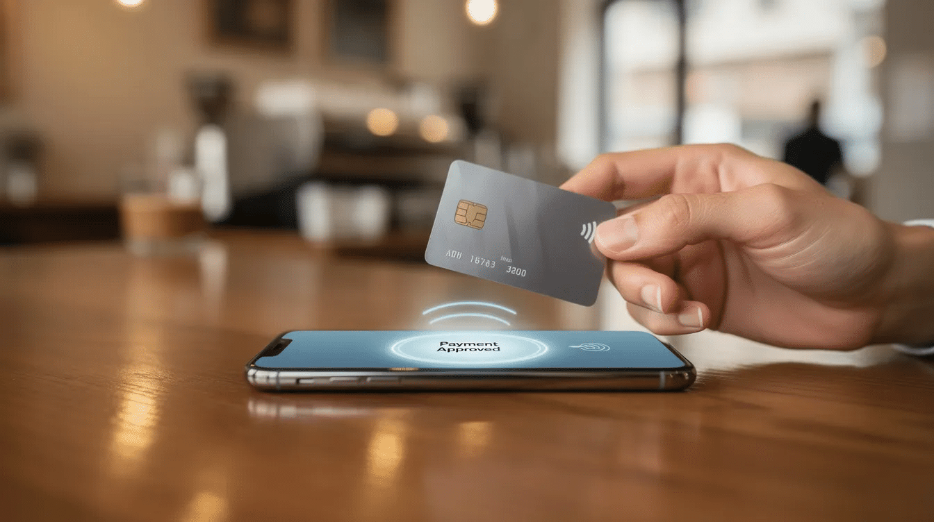 A person is holding a credit card in one hand while using a smartphone to make a payment, illustrating a modern transaction method. The image emphasizes the convenience of managing credit accounts and making payments through mobile technology.
