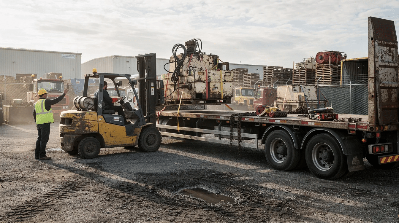 A flatbed truck is being loaded with used industrial machinery in an outdoor yard, showcasing the process of managing surplus assets and idle equipment. This scene highlights the logistics involved in transporting heavy equipment, which can be vital for organizations looking to recover value through resale or online auctions.