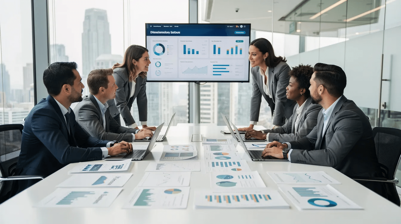 A diverse professional team collaborates around a modern conference table, analyzing charts and discussing laptops, focused on defining ambitious goals and measurable outcomes to align with their company's strategic priorities. Their interaction emphasizes the importance of effective OKRs in tracking progress and achieving desired outcomes within their organizational strategy.