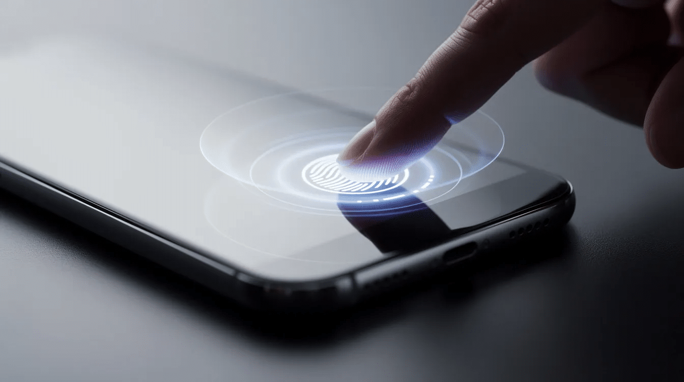 A close-up image shows a person's finger gently placed on a smartphone fingerprint sensor, with a soft glow indicating that the biometric authentication process is in progress. This scene highlights the use of advanced biometric technology for secure identity verification on mobile devices.