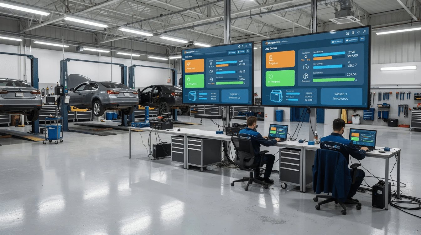 The image depicts a modern workshop equipped with digital screens that display repair job dashboards and status updates, showcasing the operational efficiency of the repair business. These screens enhance customer experience by providing quick access to key metrics and facilitating effective task management for support agents.