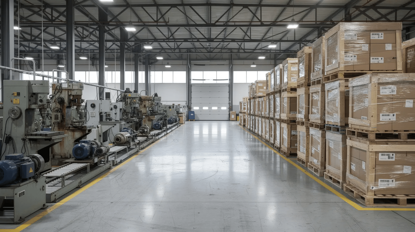 The image depicts a warehouse interior filled with organized rows of surplus industrial machinery and pallets, showcasing idle assets ready for resale. This efficient layout highlights the importance of surplus management and the potential for liquidity services, appealing to qualified buyers and businesses looking to optimize their operations.