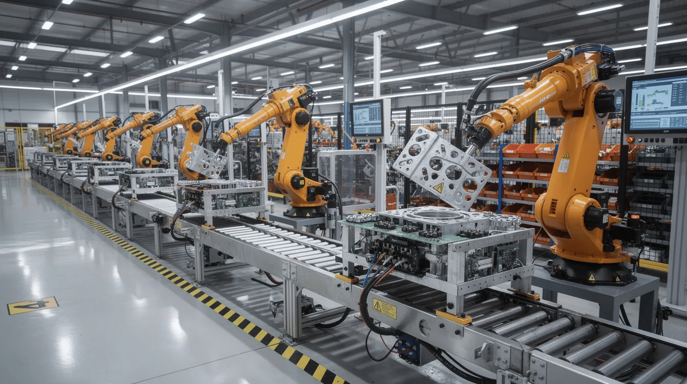 The image depicts an industrial manufacturing floor bustling with activity, featuring robotic arms meticulously assembling complex equipment components. This high-tech environment showcases the integration of automation in the sales process, highlighting the role of cpq software in optimizing product configuration and pricing strategies for enhanced operational efficiency.