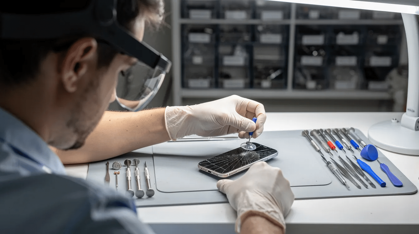 A technician is meticulously repairing a mobile phone screen at a well-lit workstation, showcasing the attention to detail essential in a repair shop. The scene highlights the repair process, emphasizing operational efficiency and the importance of customer satisfaction in the repair business.