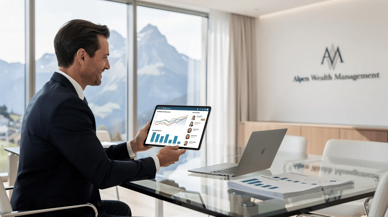A financial professional is seen in a modern Swiss office, focused on a sleek tablet displaying portfolio charts and client profiles. This setting highlights the use of customer relationship management tools to enhance customer interactions and analyze customer data for better business processes and customer satisfaction.