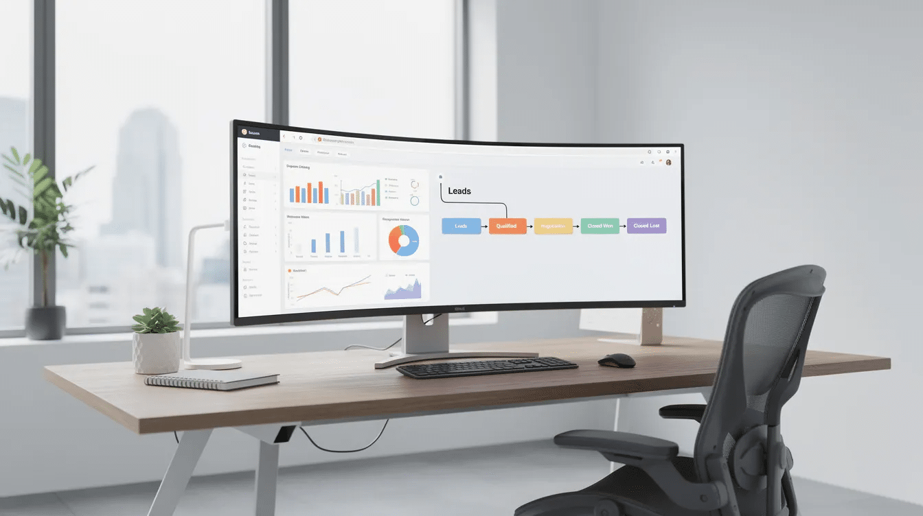 The image depicts a modern office environment featuring a large monitor that displays a customer relationship management (CRM) dashboard. The dashboard includes various charts and pipeline stages, illustrating key metrics related to customer data, sales opportunities, and customer interactions, which are essential for optimizing business processes and enhancing customer satisfaction.
