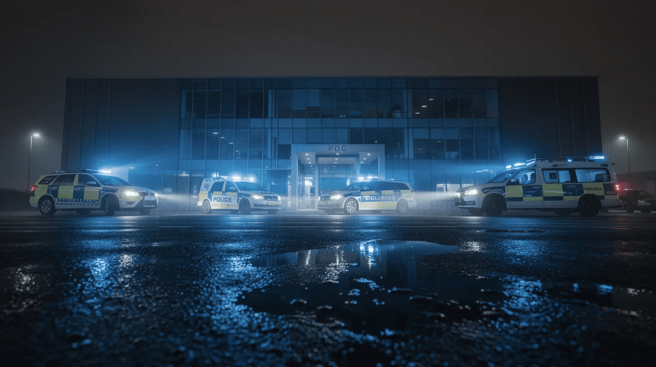 The image shows emergency service vehicles, with their blue lights flashing, parked outside a commercial building at night, casting reflections on the wet pavement. This scene highlights the critical incident management response to a potential traumatic event, emphasizing the role of first responders in ensuring workplace safety during serious incidents.
