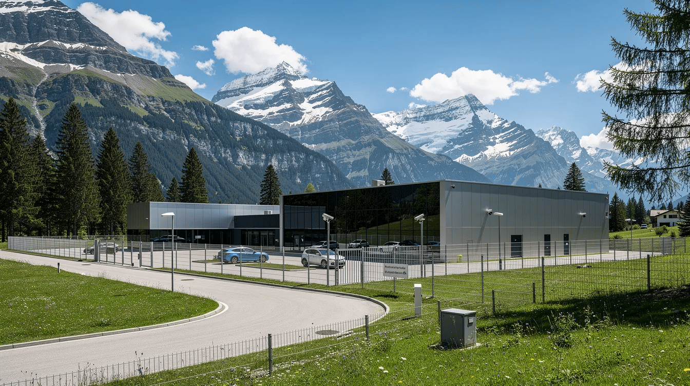 The image depicts a modern, secure data center facility located in a picturesque Swiss alpine valley, with majestic mountains rising in the background. This state-of-the-art facility is designed to centralize customer data and support business processes, enhancing customer relationship management and ensuring optimal customer satisfaction.